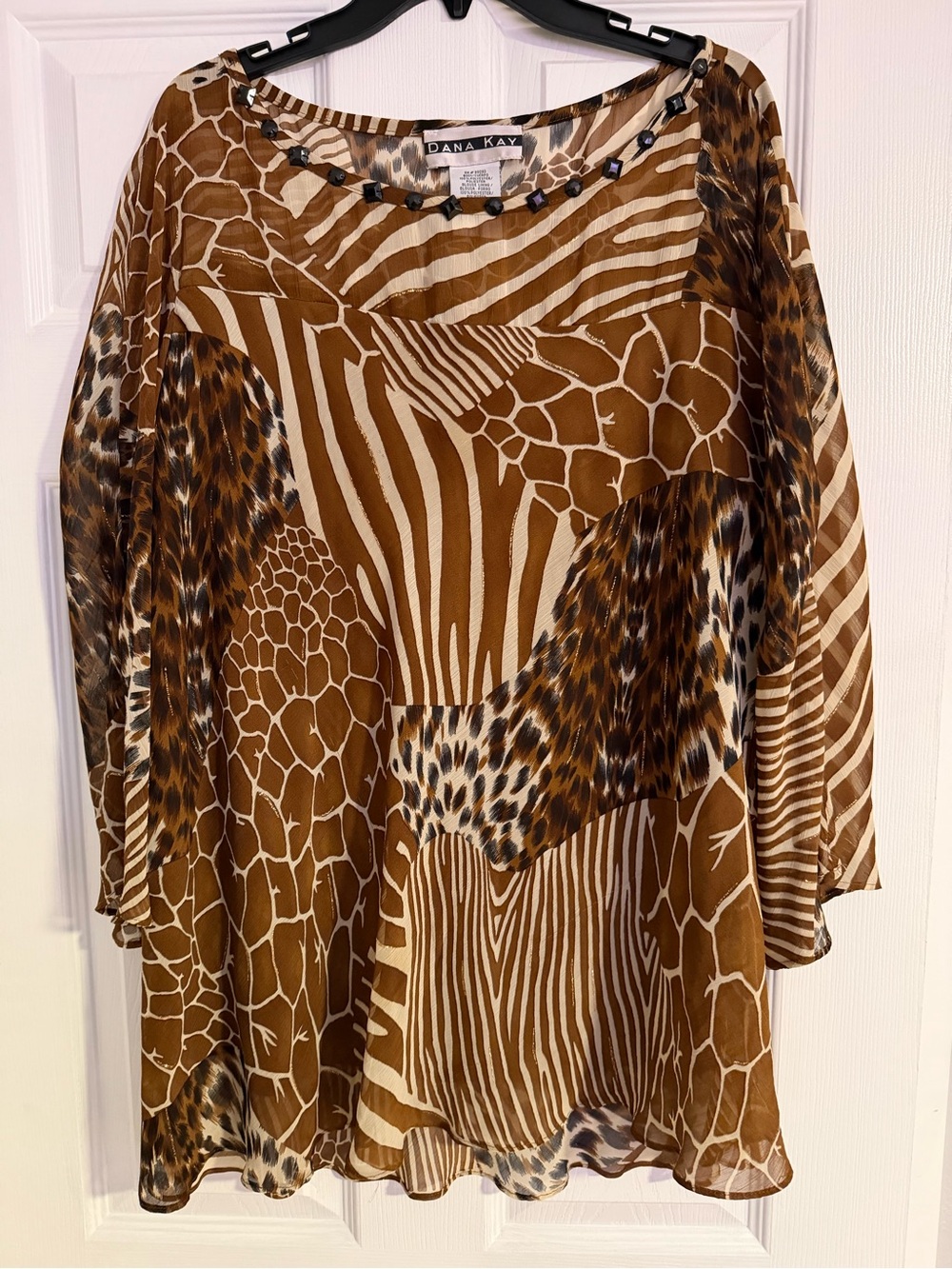Dana Kay Brown & Cream Animal-Print Sheer Tunic with Bead Trim